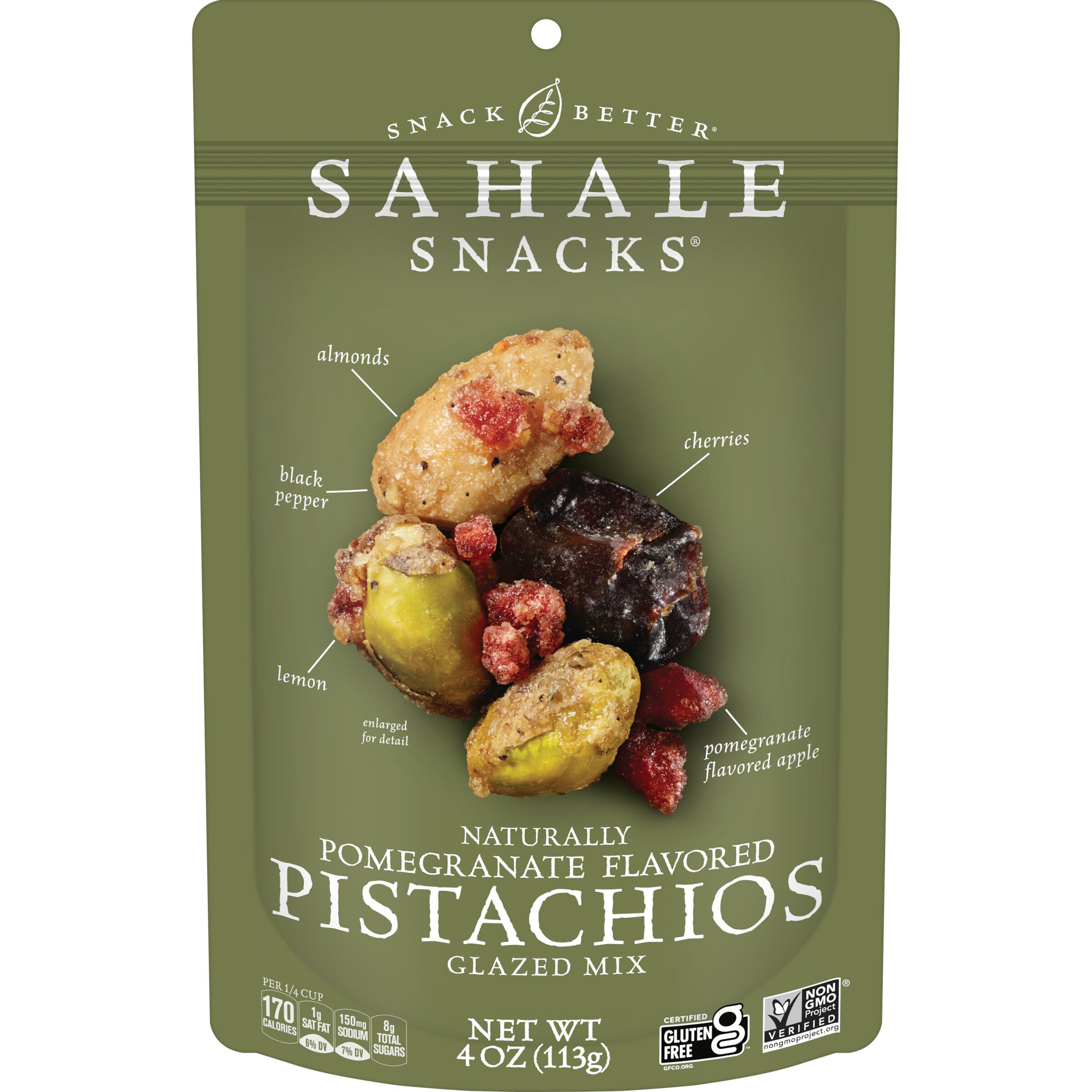 Pomegranate Flavored Pistachios Almonds, Cherries, Pomegranate Flavored Apple, Lemon, Black Pepper Glazed Mix
