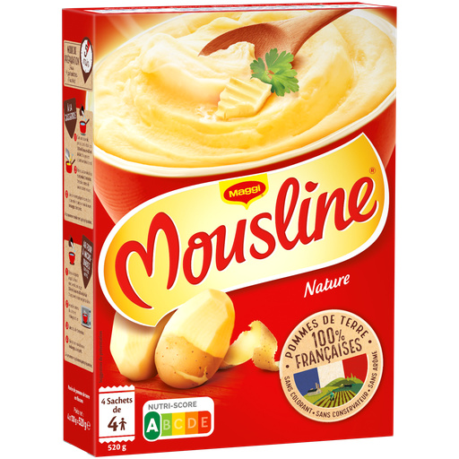 MOUSLINE Purée Nature, 4 sachets pour 4 personnes (4x130g)