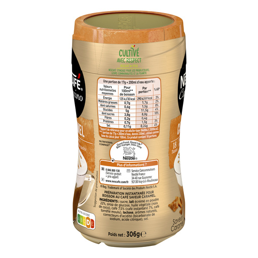NESCAFE Cappuccino caramel, café Soluble,Boîte de 306g