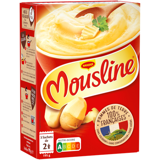 MOUSLINE Purée Nature petit format, 3 sachets pour 2 personnes (3x65g ...